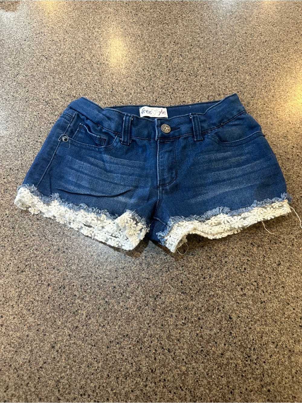 Freestyle Blue Denim Shorts with White Lace Trim